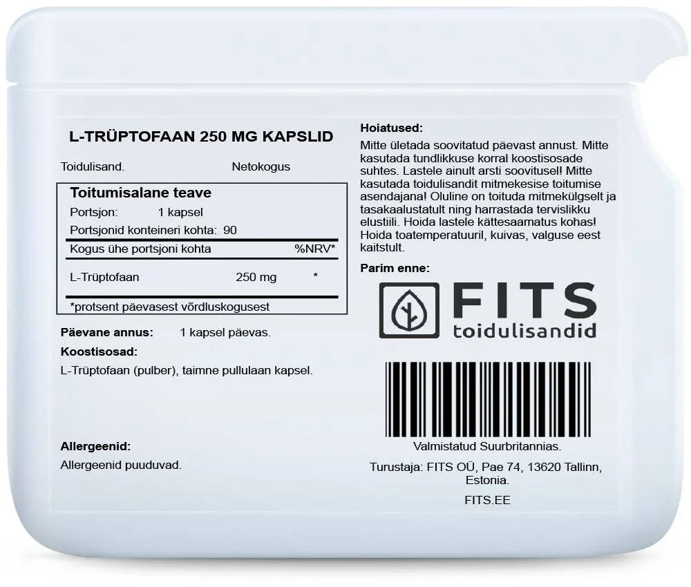 L-Tryptophan 250mg 90 capsules - FITS Dietary Supplements
