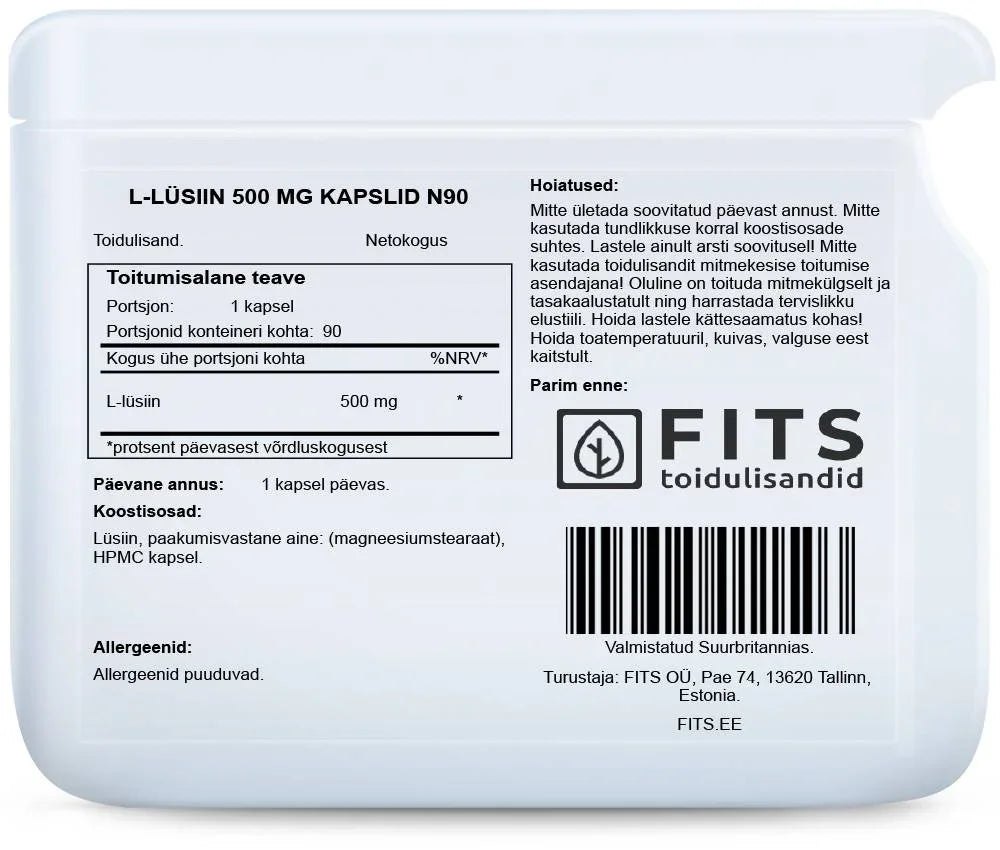 L-Lysine 500mg 90 capsules - FITS Dietary Supplements