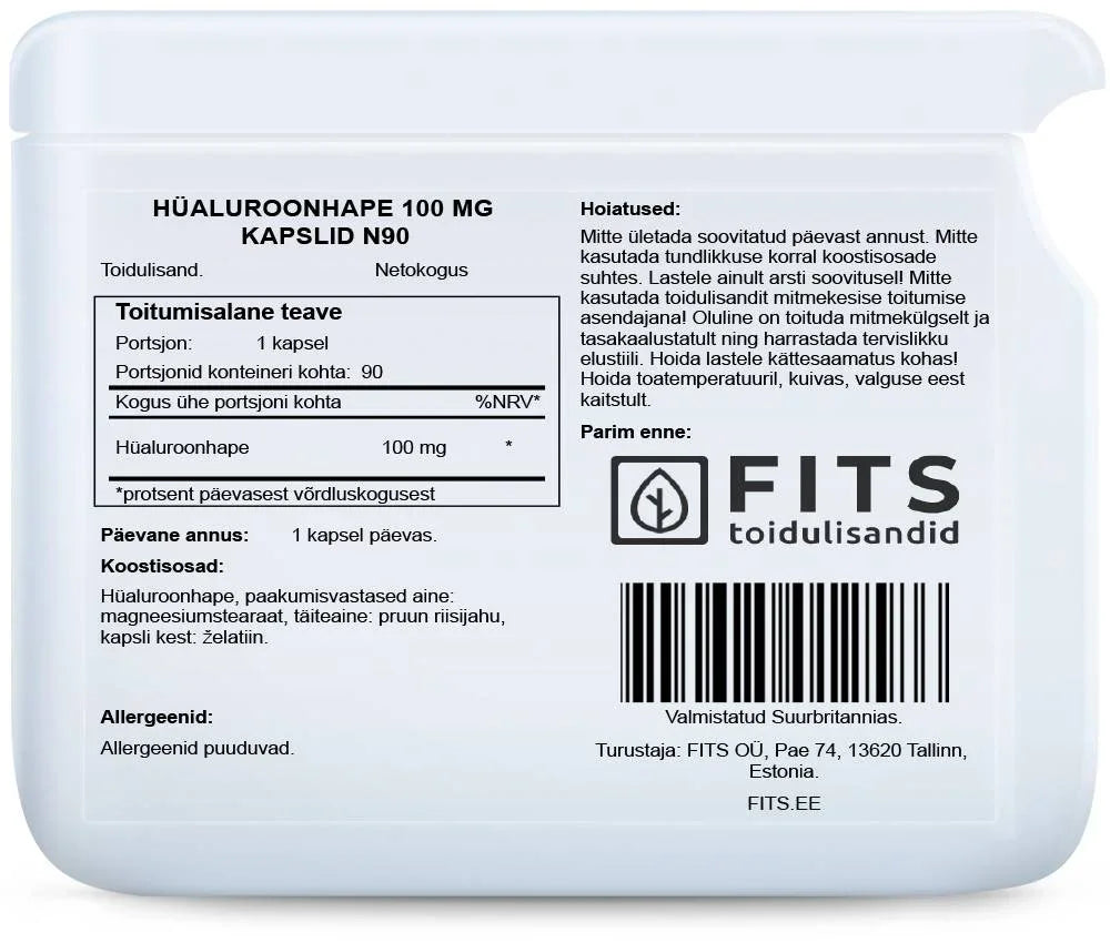 Hyaluronic Acid 100mg 90 capsules - FITS Dietary Supplements