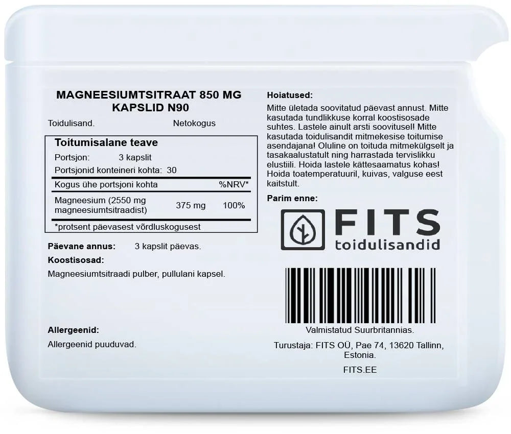 Magnesium Citrate 850mg 90 capsules - FITS Dietary Supplements