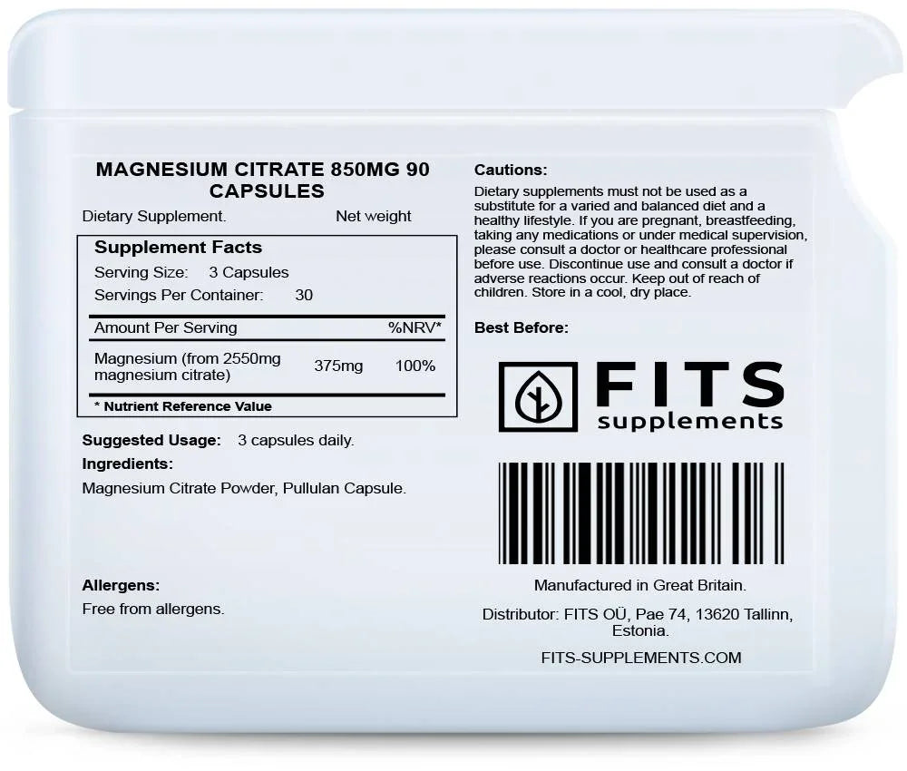 Magnesium Citrate 850mg 90 capsules - FITS Dietary Supplements