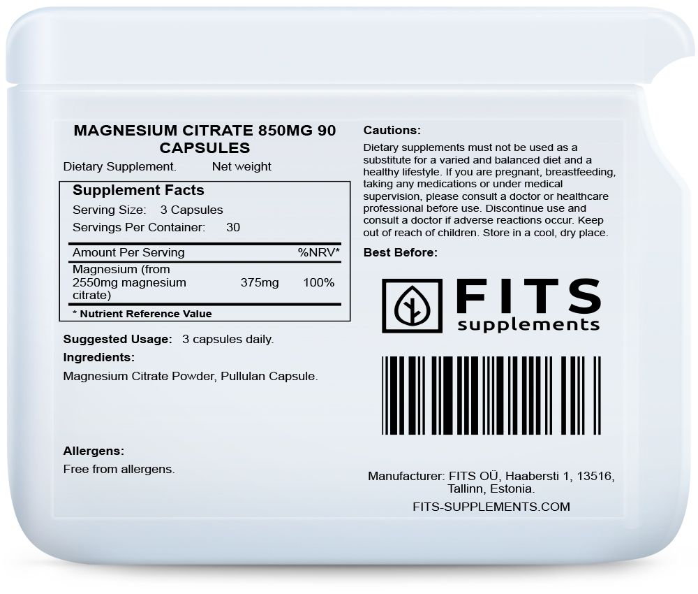 Citrate de Magnésium 850mg 90 gélules