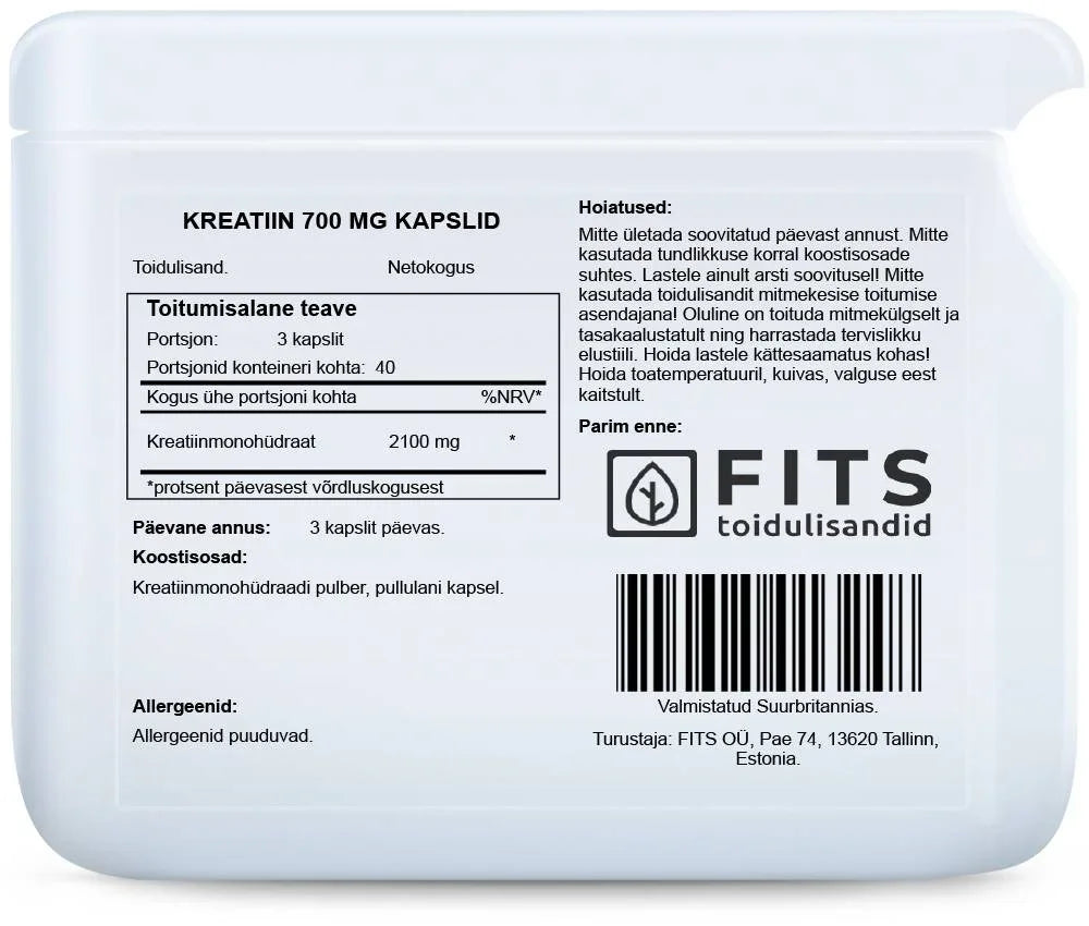 Creatine Monohydrate 700mg 120 capsules - FITS Dietary Supplements