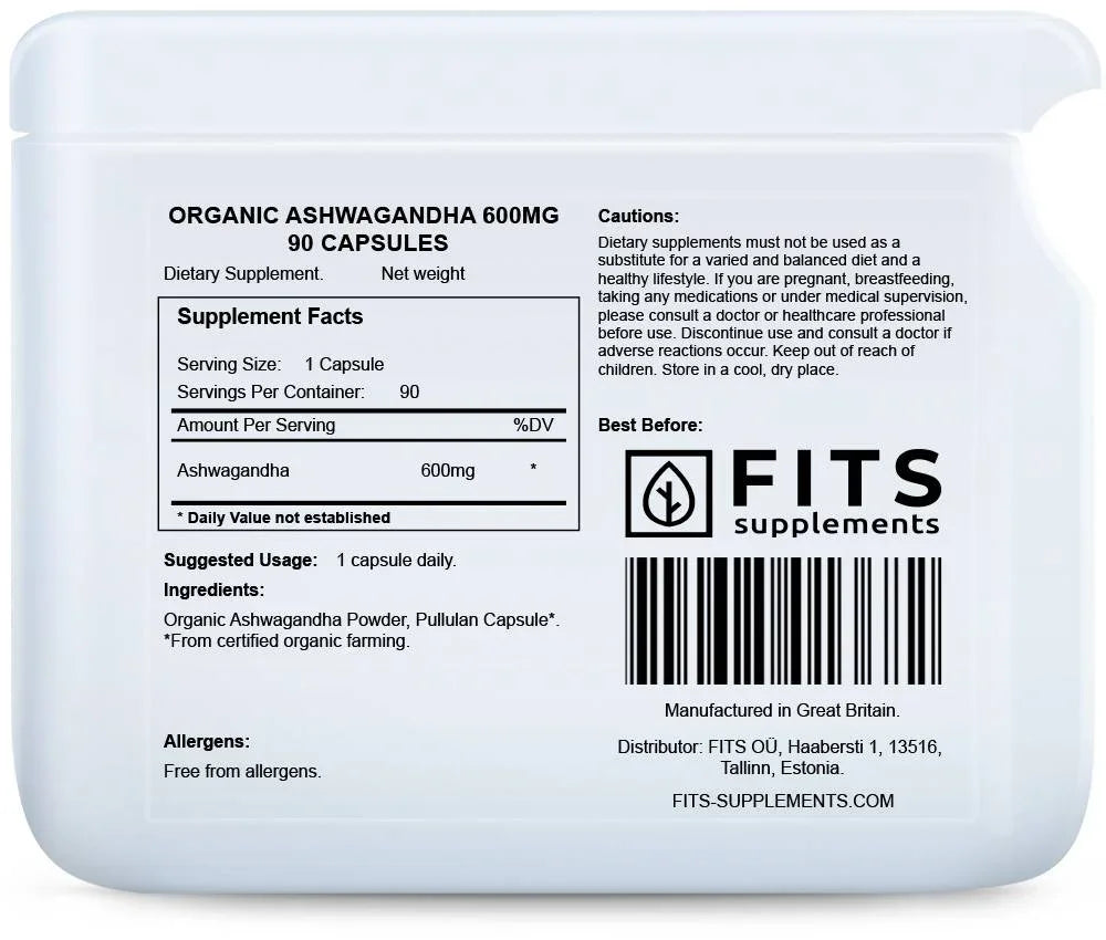 Organic Ashwagandha 600mg 90 capsules - FITS Dietary Supplements