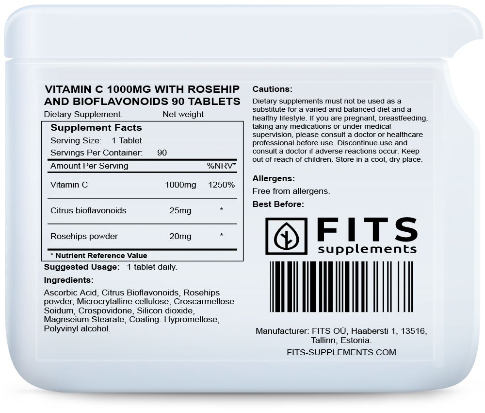 Vitamin C 1000 mg mit Hagebutte und Bioflavonoiden 90 Tabletten