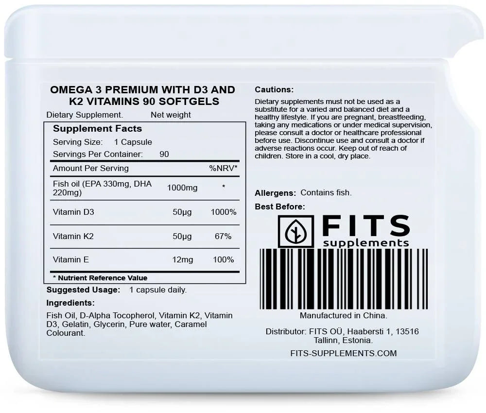 Omega 3 Premium with D3 and K2 vitamins 90 softgels - FITS Dietary Supplements