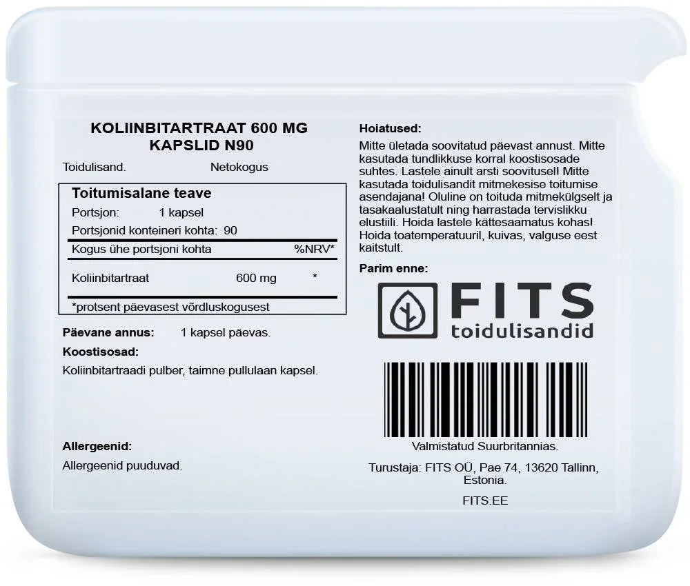 Choline Bitartrate 600mg 90 capsules - FITS Dietary Supplements