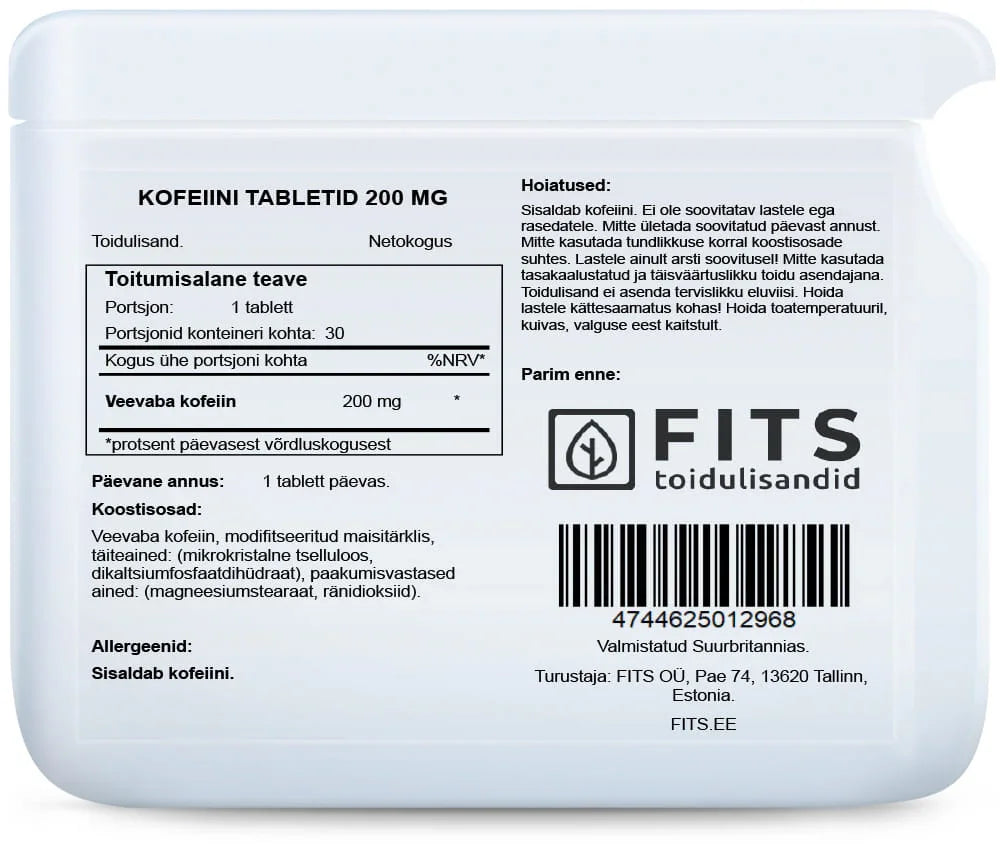 Caffeine 200mg 30 tablets - FITS Dietary Supplements