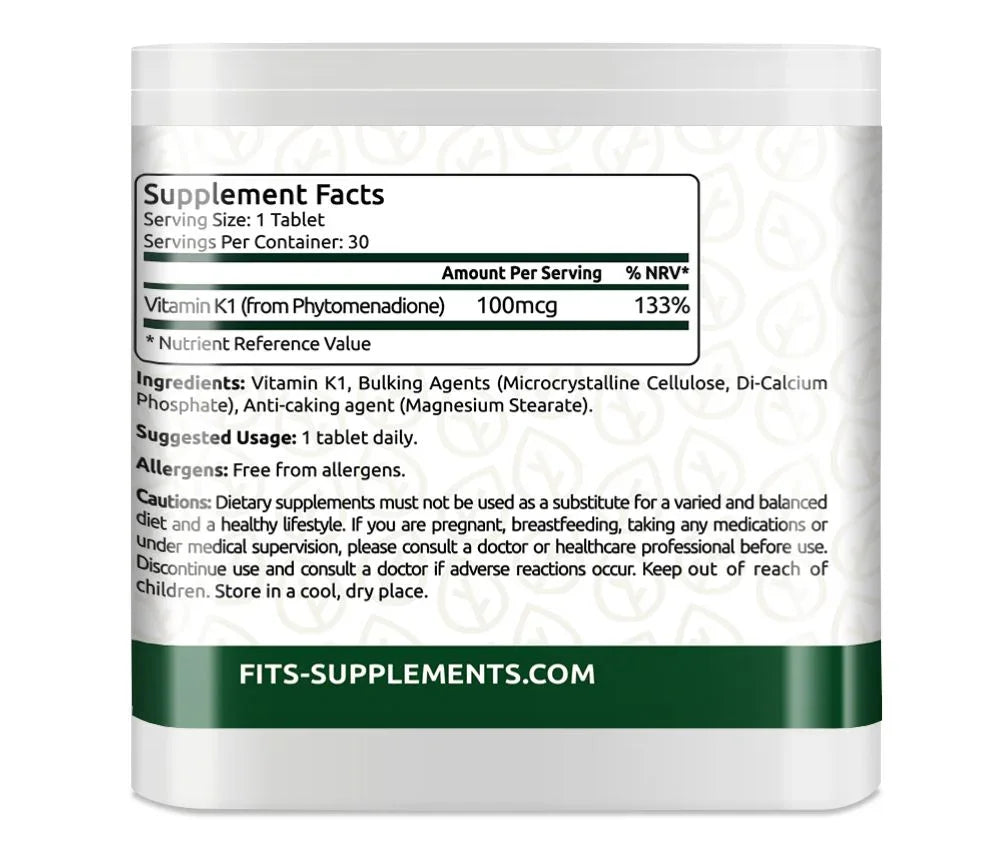 Vitamin K1 100mcg 30 tablets - FITS Dietary Supplements