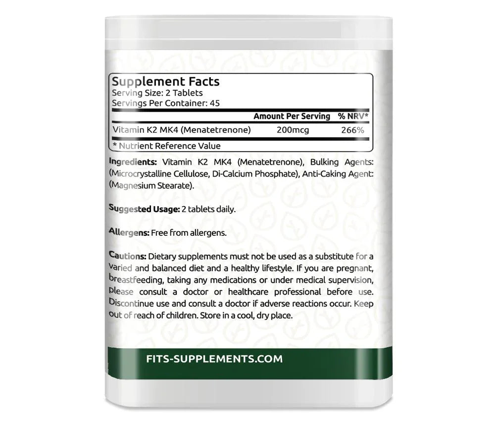 Vitamin K2 MK4 100 mcg 90 tablets - FITS Dietary Supplements