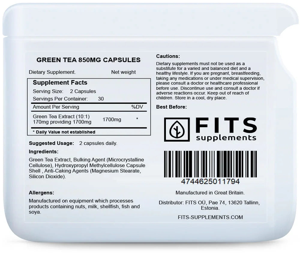 Green Tea 850mg 60 capsules - FITS Dietary Supplements