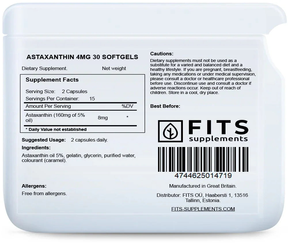 Astaxanthin 4mg 30 softgels - FITS Dietary Supplements