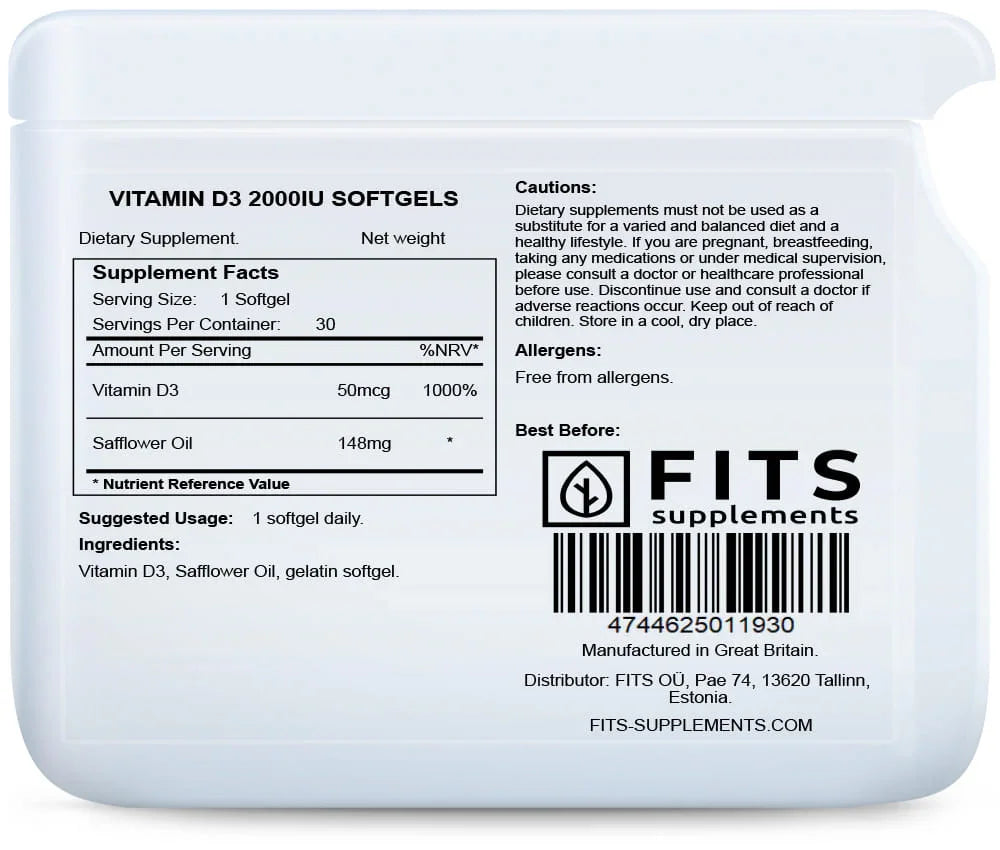 Vitamin D3 2000IU 30 softgels - FITS Dietary Supplements
