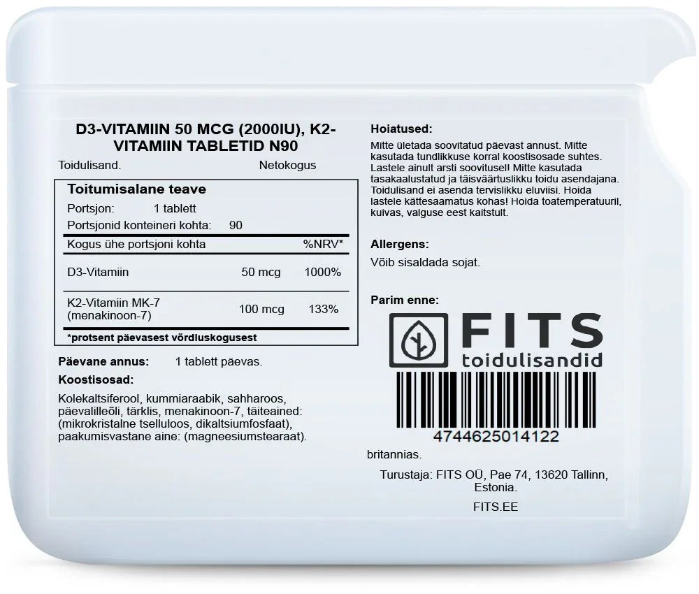Vitamin D3 2000IU with Vitamin K2 90 tablets - FITS Dietary Supplements